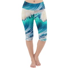 Tsunami Waves Ocean Sea Nautical Nature Water Art Ai Generated Lightweight Velour Cropped Yoga Leggings by Jancukart