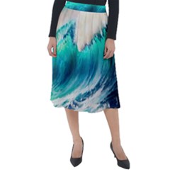 Tsunami Waves Ocean Sea Nautical Nature Water Art Ai Generated Classic Velour Midi Skirt  by Jancukart