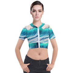 Tsunami Waves Ocean Sea Nautical Nature Water Art Ai Generated Short Sleeve Cropped Jacket by Jancukart