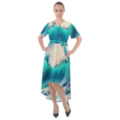 Tsunami Waves Ocean Sea Nautical Nature Water Art Ai Generated Front Wrap High Low Dress by Jancukart