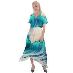 Tsunami Waves Ocean Sea Nautical Nature Water Art Ai Generated Cross Front Sharkbite Hem Maxi Dress by Jancukart