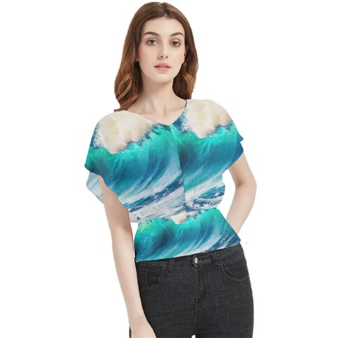 Tsunami Waves Ocean Sea Nautical Nature Water Art Ai Generated Butterfly Chiffon Blouse by Jancukart