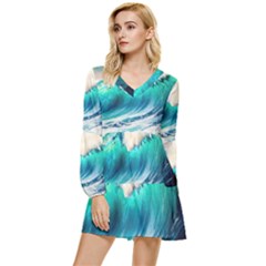 Tsunami Waves Ocean Sea Nautical Nature Water Art Ai Generated Tiered Long Sleeve Mini Dress by Jancukart