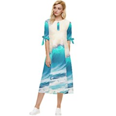 Tsunami Waves Ocean Sea Nautical Nature Water Art Ai Generated Bow Sleeve Chiffon Midi Dress by Jancukart