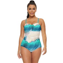 Tsunami Waves Ocean Sea Nautical Nature Water Art Ai Generated Retro Full Coverage Swimsuit by Jancukart