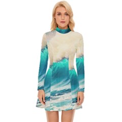 Tsunami Waves Ocean Sea Nautical Nature Water Art Ai Generated Long Sleeve Velour Longline Dress by Jancukart