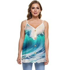 Tsunami Waves Ocean Sea Nautical Nature Water Art Ai Generated Casual Spaghetti Strap Chiffon Top by Jancukart