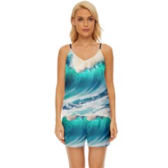 Tsunami Waves Ocean Sea Nautical Nature Water Art Ai Generated V-neck Satin Pajamas Set by Jancukart