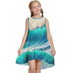 Tsunami Waves Ocean Sea Nautical Nature Water Art Ai Generated Kids  Frill Swing Dress by Jancukart