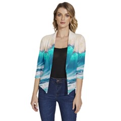 Tsunami Waves Ocean Sea Nautical Nature Water Art Ai Generated Women s Draped Front 3/4 Sleeve Shawl Collar Jacket by Jancukart