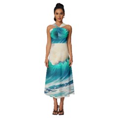 Tsunami Waves Ocean Sea Nautical Nature Water Art Ai Generated Sleeveless Cross Front Cocktail Midi Chiffon Dress