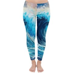 Tsunami Waves Ocean Sea Nautical Nature Water Arts Classic Winter Leggings by Jancukart