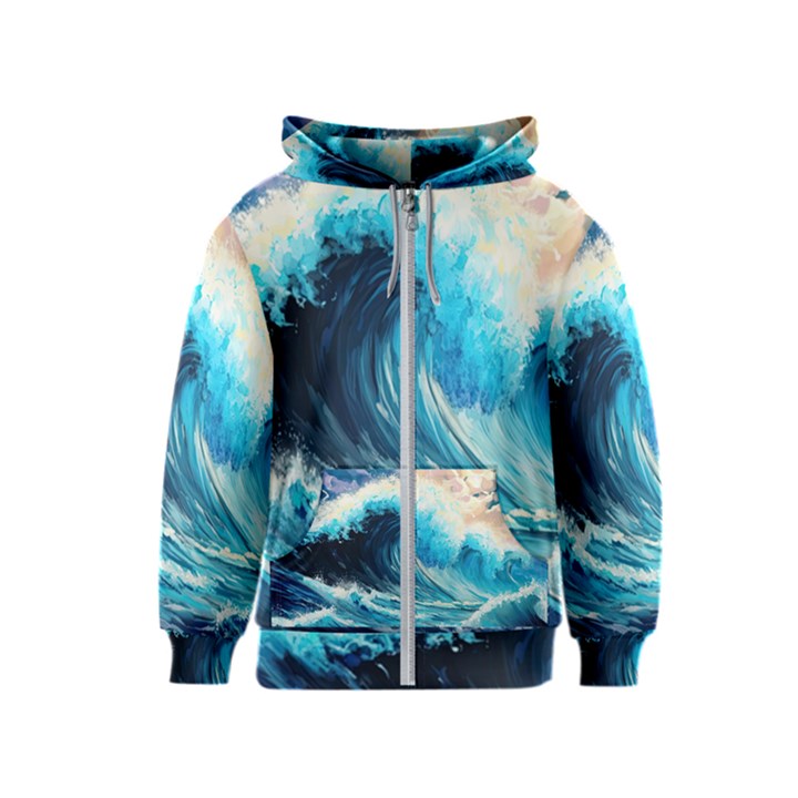 Tsunami Waves Ocean Sea Nautical Nature Water Arts Kids  Zipper Hoodie