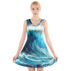 Tsunami Waves Ocean Sea Nautical Nature Water Arts V-neck Sleeveless Dress by Jancukart