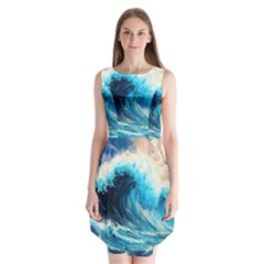 Tsunami Waves Ocean Sea Nautical Nature Water Arts Sleeveless Chiffon Dress   by Jancukart