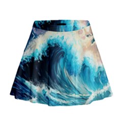 Tsunami Waves Ocean Sea Nautical Nature Water Arts Mini Flare Skirt by Jancukart