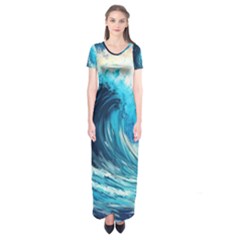 Tsunami Waves Ocean Sea Nautical Nature Water Arts Short Sleeve Maxi Dress