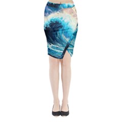 Tsunami Waves Ocean Sea Nautical Nature Water Arts Midi Wrap Pencil Skirt by Jancukart