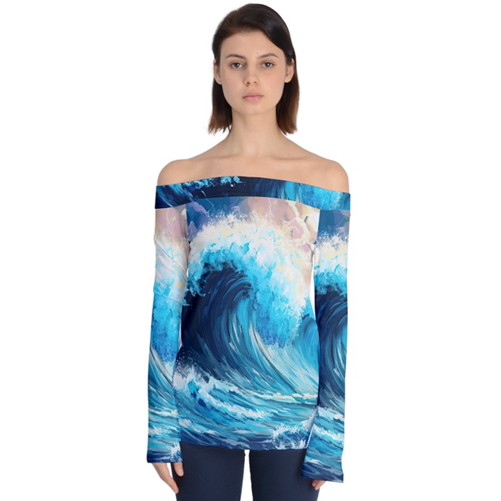 Tsunami Waves Ocean Sea Nautical Nature Water Arts Off Shoulder Long Sleeve Top