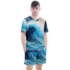 Tsunami Waves Ocean Sea Nautical Nature Water Arts Men s Mesh Tee And Shorts Set