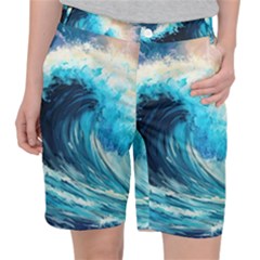 Tsunami Waves Ocean Sea Nautical Nature Water Arts Women s Pocket Shorts by Jancukart