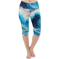 Tsunami Waves Ocean Sea Nautical Nature Water Arts Lightweight Velour Cropped Yoga Leggings by Jancukart