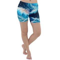 Tsunami Waves Ocean Sea Nautical Nature Water Arts Lightweight Velour Yoga Shorts by Jancukart