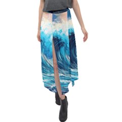 Tsunami Waves Ocean Sea Nautical Nature Water Arts Velour Split Maxi Skirt by Jancukart