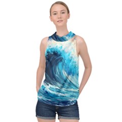 Tsunami Waves Ocean Sea Nautical Nature Water Arts High Neck Satin Top