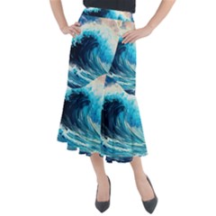 Tsunami Waves Ocean Sea Nautical Nature Water Arts Midi Mermaid Skirt by Jancukart