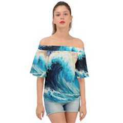 Tsunami Waves Ocean Sea Nautical Nature Water Arts Off Shoulder Short Sleeve Top by Jancukart