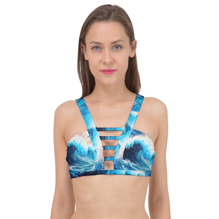 Tsunami Waves Ocean Sea Nautical Nature Water Arts Cage Up Bikini Top