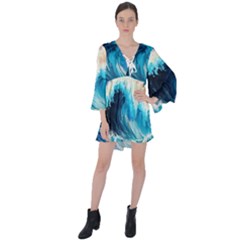 Tsunami Waves Ocean Sea Nautical Nature Water Arts V-neck Flare Sleeve Mini Dress by Jancukart