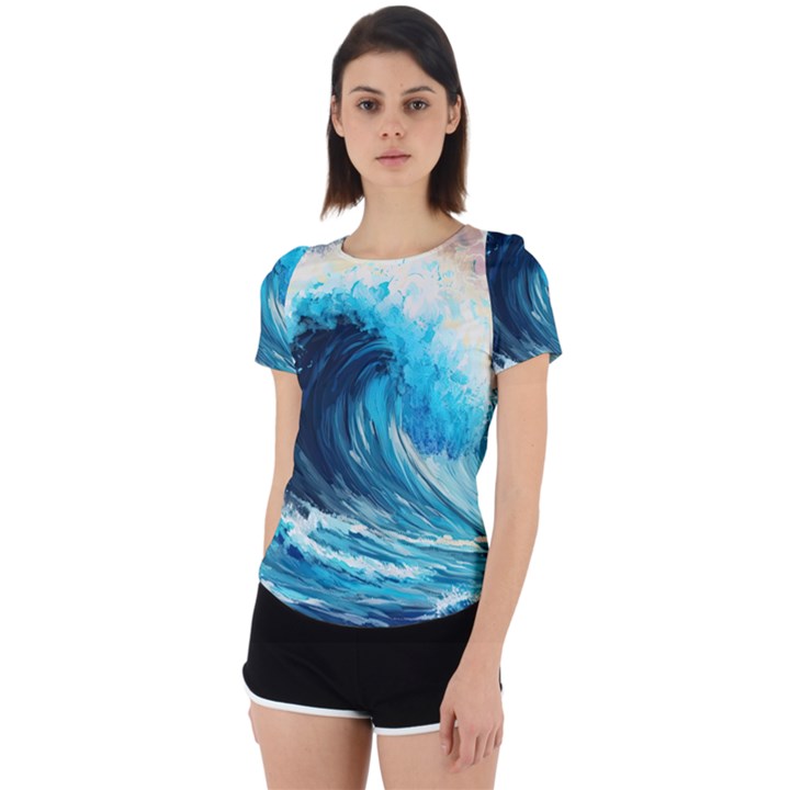 Tsunami Waves Ocean Sea Nautical Nature Water Arts Back Cut Out Sport Tee