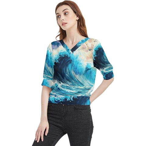 Tsunami Waves Ocean Sea Nautical Nature Water Arts Quarter Sleeve Blouse by Jancukart