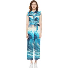 Tsunami Waves Ocean Sea Nautical Nature Water Arts Women s Frill Top Chiffon Jumpsuit by Jancukart