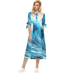 Tsunami Waves Ocean Sea Nautical Nature Water Arts Bow Sleeve Chiffon Midi Dress by Jancukart