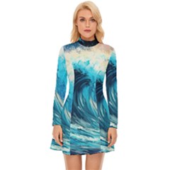 Tsunami Waves Ocean Sea Nautical Nature Water Arts Long Sleeve Velour Longline Dress