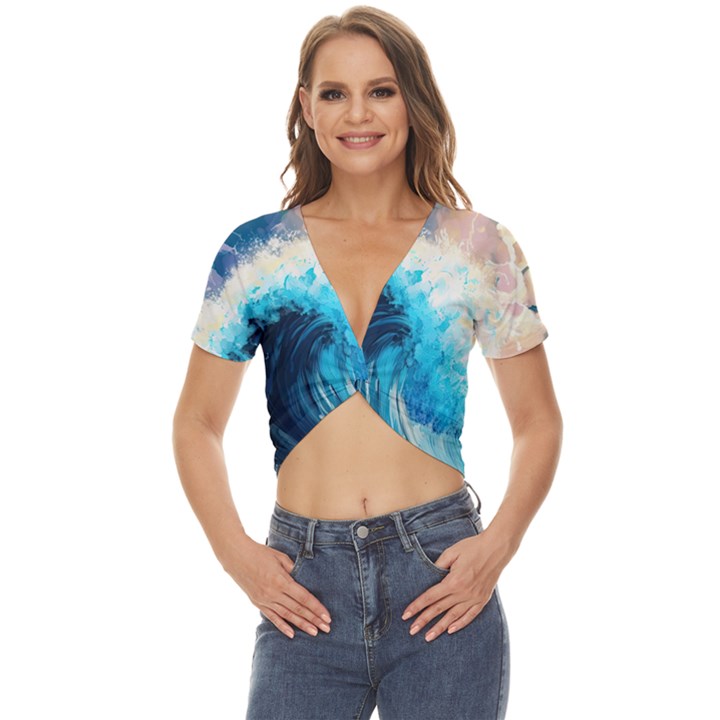 Tsunami Waves Ocean Sea Nautical Nature Water Arts Twist Front Crop Top