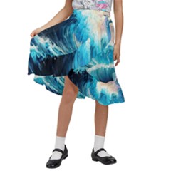 Tsunami Waves Ocean Sea Nautical Nature Water Arts Kids  Ruffle Flared Wrap Midi Skirt