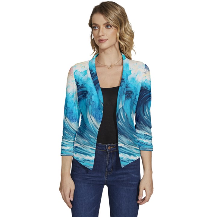 Tsunami Waves Ocean Sea Nautical Nature Water Arts Women s Casual 3/4 Sleeve Spring Jacket