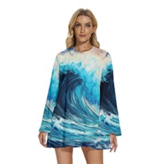 Tsunami Waves Ocean Sea Nautical Nature Water Arts Round Neck Long Sleeve Bohemian Style Chiffon Mini Dress by Jancukart