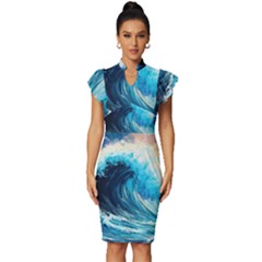 Tsunami Waves Ocean Sea Nautical Nature Water Arts Vintage Frill Sleeve V-neck Bodycon Dress by Jancukart