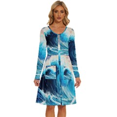 Tsunami Waves Ocean Sea Nautical Nature Water Arts Long Sleeve Dress With Pocket by Jancukart