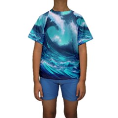 Tsunami Tidal Wave Ocean Waves Sea Nature Water Kids  Short Sleeve Swimwear