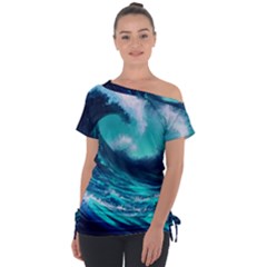 Tsunami Tidal Wave Ocean Waves Sea Nature Water Off Shoulder Tie-up Tee