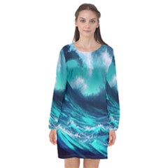 Tsunami Tidal Wave Ocean Waves Sea Nature Water Long Sleeve Chiffon Shift Dress 