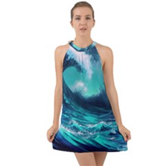 Tsunami Tidal Wave Ocean Waves Sea Nature Water Halter Tie Back Chiffon Dress by Jancukart