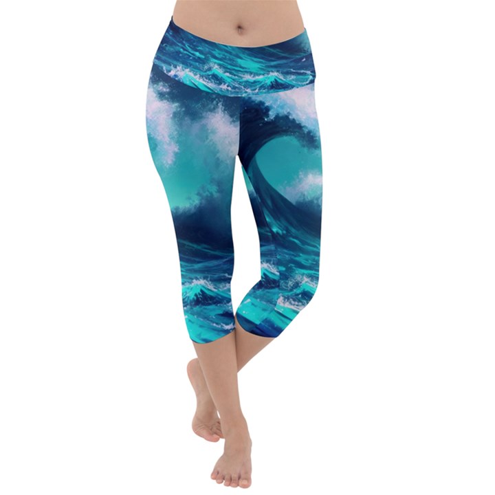 Tsunami Tidal Wave Ocean Waves Sea Nature Water Lightweight Velour Capri Yoga Leggings