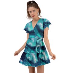 Tsunami Tidal Wave Ocean Waves Sea Nature Water Flutter Sleeve Wrap Dress